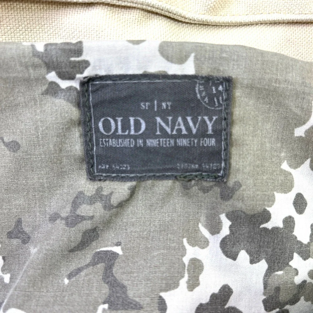 Old Navy Beige Canvas Messenger Bag Camo Lining Leather Tabs Distressed Adjustbl